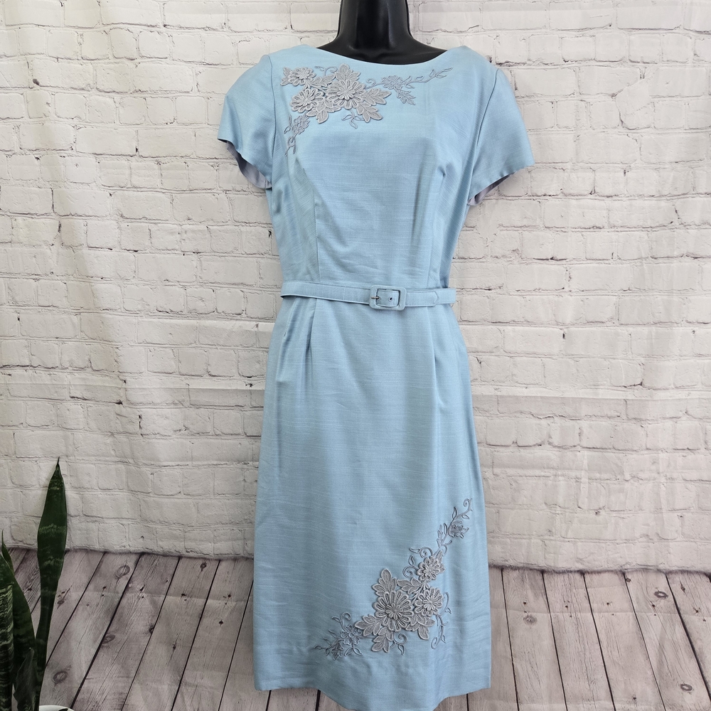 50s Henry Lee Robbin Egg Blue Easter Shift Dress M‎ Embroidered crochet flowers